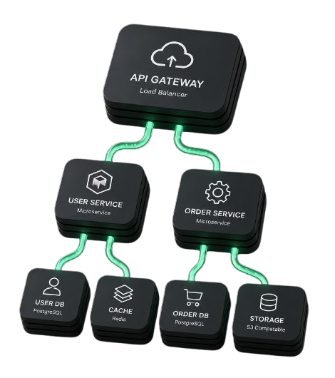 System architecture - API Gateway, microservices, databases